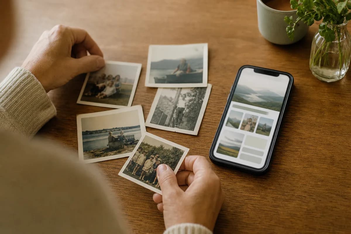 Illustrative family photographs beside a phone showing a memorial page