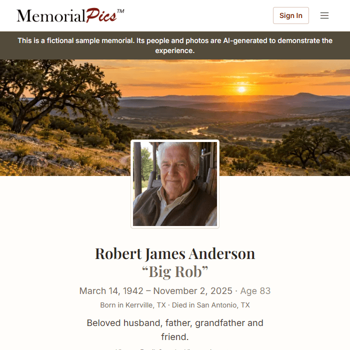 Screenshot of a fictional sample online memorial with a landscape cover, portrait, and name